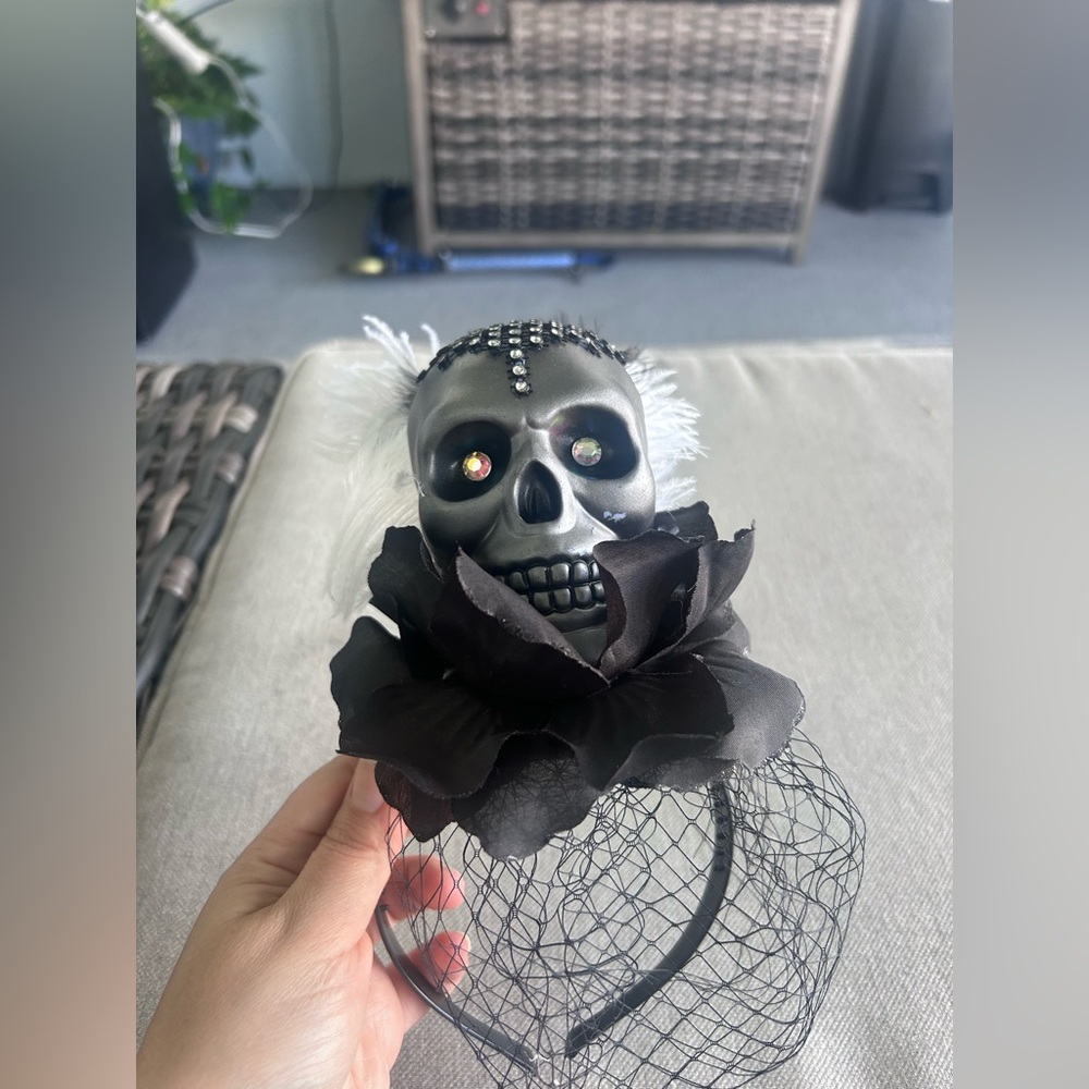 Black Skull Headband with Rose and Feathers